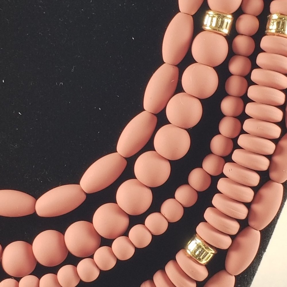 Matte Coral Multi-Strand Necklace & Earrings Set – Gold Beaded Layered Statement - Picture 10 of 13